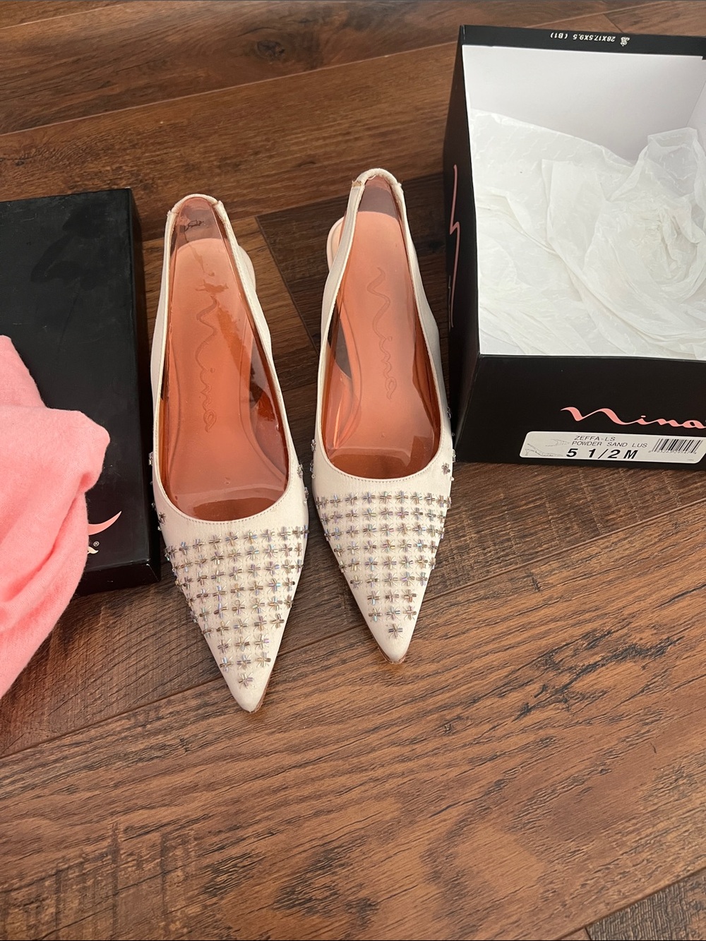 Nina Cream Pointed Toe Slingback Flats with Crystal Studs